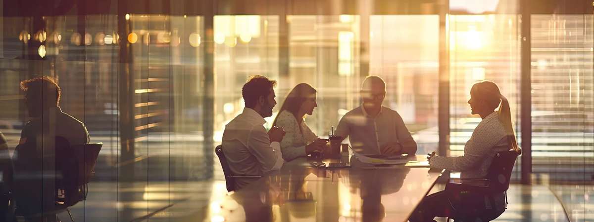 Four employees having a meeting about choosing between RightAnswers vs eGain